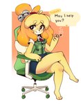 accessory anthro barefoot blonde_hair breasts chair cigarette clothing dialogue feet female floppy_ears furniture hair hair_accessory looking_at_viewer on_chair simple_background sitting sitting_on_chair smile smoking solo speech_bubble text honowyn animal_crossing nintendo isabelle_(animal_crossing) canid canine canis domestic_dog mammal shih_tzu toy_dog 2023 english_text hi_res signature