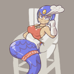 accessory alternate_costume armor big_breasts blue_body blue_eyes blue_scales bored breasts chair cleavage clothed clothing female frown furgonomic_swimwear furgonomics furniture glistening_eyelids gloves grey_background handwear head_on_hand headgear helmet legless lidded_eyes lifeguard lifeguard_chair lifeguard_swimsuit light_body light_skin machine mermaid_tail narrowed_eyes nipple_outline not_furry on_chair reclining red_clothing red_swimwear scales side_boob simple_background sitting sitting_on_chair solo split_form swimwear tail tail_accessory tailband text text_on_clothing three-quarter_view white_clothing white_gloves white_handwear domobot capcom mega_man_(series) splash_woman aquatic humanoid merfolk robot robot_humanoid robot_master 1:1 2022 digital_drawing_(artwork) digital_media_(artwork) portrait