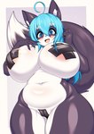 2024 absurd_res ahoge anthro areola belly big_breasts big_tail black_body black_fur blue_eyes blue_hair blush blush_lines breasts camel_toe canid canine canis domestic_dog fangs female fur hair hanul hi_res huge_breasts huge_thighs kemono mammal multicolored_body multicolored_fur navel nipple_tape open_mouth pasties presenting pussy_tape slightly_chubby slightly_chubby_anthro slightly_chubby_female smile solo standing tail tailzkim tape teeth thick_thighs white_body white_fur wide_hips