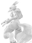 3_fingers anthro armwear armwear_only big_butt biped breasts bridal_gauntlets bridal_gauntlets_only butt claws clothing dipstick_ears dipstick_tail ear_markings facial_markings female female_anthro finger_claws fingers fur head_markings leg_markings looking_at_viewer markings mostly_nude mostly_nude_anthro mostly_nude_female multicolored_body multicolored_ears multicolored_fur neck_tuft on_one_leg open_mouth pawpads paws rear_view simple_background socks_(marking) solo standing tail tail_markings teeth thick_thighs thigh_markings tuft white_background wide_hips yin_yang teaselbone bandai_namco digimon digimon_(species) renamon 2012 graphite_(artwork) greyscale hi_res monochrome portrait shaded signature three-quarter_portrait traditional_media_(artwork)