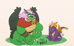 anthro duo feral grass green_body hair horn kneeling male on_one_knee pink_hair plant purple_body simple_background tail wings hikazedragon activision mythology spyro_the_dragon haru_(hikazedragon) spyro dragon mythological_creature mythological_scalie scalie hi_res