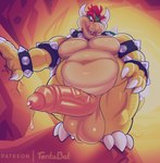 2023 2_horns anthro armband balls belly big_balls big_penis bodily_fluids bowser bracelet cave claws collar collar_only dripping erection eyebrows foreskin genital_fluids genitals glans hair hand_on_hip hi_res horn huge_balls huge_penis humanoid_genitalia humanoid_penis jewelry koopa licking licking_lips licking_own_lips long_penis love_handles male mario_bros moobs nintendo nude open_mouth open_smile overweight overweight_anthro overweight_male partially_retracted_foreskin patreon penis precum precum_drip precum_string presenting presenting_penis rock scalie seductive shadow shell simple_background smile solo spiked_armband spiked_bracelet spiked_collar spiked_shell spiked_tail spikes spikes_(anatomy) standing tail teeth tentabat text thick_penis thick_thighs tongue tongue_out url vein