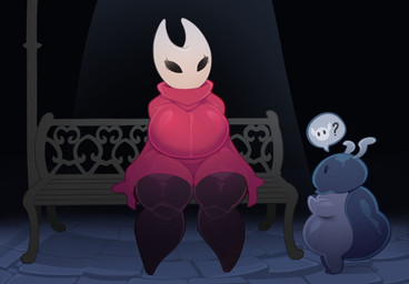anthro bench big_breasts black_background blue_body breasts clothing dress duo eyelashes female glistening glistening_clothing grey_body horn red_clothing red_dress simple_background sitting thick_thighs shinolara hollow_knight_(franchise) team_cherry bretta_(hollow_knight) hornet_(hollow_knight) arthropod beetle insect
