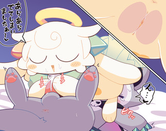69_position anthro anus balls bed bedding biped blush blush_stickers bodily_fluids cheek_tuft chibi claws cum cum_on_face cum_on_own_penis cum_on_penis cum_on_self cutaway dialogue digitigrade duo eyes_closed facial_tuft feet female female_anthro female_on_anthro female_on_top front_view fur fur_tuft furniture genital_fluids genitals green_claws grey_body grey_fur halo handjob head_tuft hindpaw innie_vulva interspecies lying lying_on_bed male male/female male_anthro male_on_anthro male_on_bottom muffled on_bed on_bottom on_top onomatopoeia oral paws penile penis purple_eyes sex sex_on_bed sound_effects speech_bubble tapering_penis text tuft vulva white_body white_fur crepix devil_connection makemon devilun_(makemon) kupyadel_(makemon) 2025 cel_shading digital_drawing_(artwork) digital_media_(artwork) japanese_text shaded