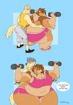 anthro belly big_belly big_breasts big_butt blonde_hair blue_background blush bodily_fluids bottomwear bra breasts brown_body brown_fur brown_hair butt butt_cleavage clothed clothing crop_top crouching dialogue dolphin_shorts dumbbell duo erection erection_under_clothing exercise female flustered footwear fupa fur hair holding_dumbbell holding_object huge_butt huge_hips huge_thighs looking_at_another looking_away looking_back looking_back_at_another male male/female midriff multicolored_body multicolored_fur narrowed_eyes navel neck_tuft nipple_outline obese obese_anthro obese_female orange_body orange_fur overweight overweight_anthro overweight_female pawpads shirt shoes shorts side_boob simple_background smile sneakers speech_bubble sports_bra spotting standing sweat tail talking_to_another tan_body tan_fur teasing text thick_thighs topwear tuft undersized_bottomwear undersized_clothing underwear weight_difference weightlifting weights wide_hips workout duly_noted muttninja_(character) canid canine canis domestic_dog herding_dog mammal pastoral_dog sheepdog shetland_sheepdog english_text hi_res signature
