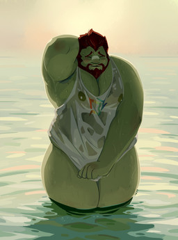 beard blush bottomless clothed clothing facial_hair green_body green_skin hair male not_furry pecs shirt slightly_chubby solo tank_top thick_thighs topwear translucent translucent_clothing water wet wet_clothing chocolateandmilk humanoid orc 2019 absurd_res digital_media_(artwork) hi_res