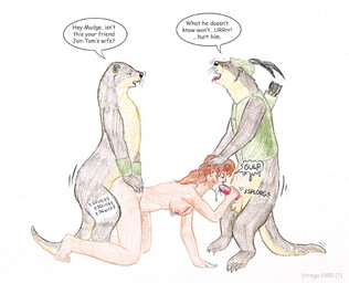 all_fours ambiguous_penetration anthro anthro_penetrating anthro_penetrating_human balls biped bodily_fluids bottomless breasts claws clothed clothing cum cum_in_mouth cum_inside dialogue doggystyle drinking drinking_cum erection fellatio female female_human female_penetrated from_behind_position genital_fluids genitals group group_sex gulp_(sound_effect) hat headgear headwear human_on_anthro human_penetrated infidelity interspecies male male/female male_anthro male_penetrating male_penetrating_female mostly_nude motion_outline nude onomatopoeia open_mouth oral oral_penetration penetration penile penile_penetration penis sex simple_background sound_effects speech_bubble tail text threesome thrusting toe_claws tongue tongue_out trio whiskers white_background year strega human mammal mustelid otter 1990 artist_name colored_pencil_(artwork) dated english_text traditional_media_(artwork)
