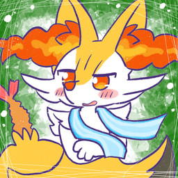 ambiguous_anthro ambiguous_gender anthro biped blush crossed_arms eyebrows food front_view no_pupils object_in_tail open_mouth open_smile raised_eyebrow shrimp_(food) smile solo standing tail towel towel_around_neck annyui0611 nintendo pokemon braixen canid generation_6_pokemon mammal pokemon_(species) 1:1 2022 digital_drawing_(artwork) digital_media_(artwork) half-length_portrait hi_res japanese_description portrait translated_description