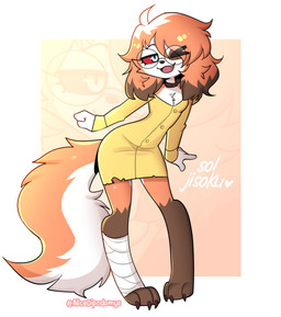 anthro clothed clothing female hair simple_background smile solo tail alice_dipodomys hellaverse helluva_boss mythology fan_character sol_(jizoku) canid canid_demon canine demon hellhound mammal mythological_canine mythological_creature digital_media_(artwork) hi_res