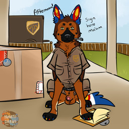animal_genitalia balls box clothing container delivery_(commerce) delivery_employee feral genitals male outside penis penis_tip porch postal_carrier postal_delivery sheath solo uniform yamatopawa ups canid canine canis domestic_dog german_shepherd herding_dog mammal pastoral_dog 1:1 absurd_res hi_res