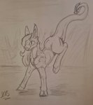 female feral fluffy funny_face hair hooves jumping long_tail solo tail pinky_bestia equid equine horse hybrid mammal pony hi_res monochrome sketch traditional_media_(artwork)