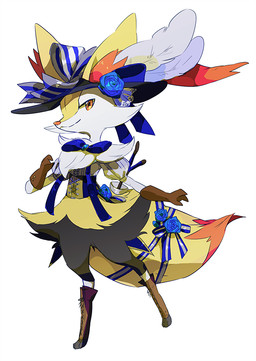 3_fingers 3_toes :3 ambiguous_anthro ambiguous_gender anthro arm_tuft biped black_body black_fur blue_bow blue_rose boots bottomless bottomless_ambiguous bottomless_anthro cheek_tuft chest_tuft closed_smile clothed clothing corset digitigrade dipstick_tail facial_tuft featureless_crotch feet fingers flat_chested flower footwear front_view fur furgonomic_headwear furgonomics gloves handwear hat headgear headwear hip_tuft inner_ear_fluff lingerie looking_at_viewer markings mouth_closed multicolored_body multicolored_fur on_one_leg orange_body orange_eyes orange_fur orange_inner_ear_fluff orange_nose orange_tail_tip partially_clothed_ambiguous partially_clothed_anthro plant pointy_ears prick_ears rose_(flower) shoes shoulder_tuft simple_background smile solo standing tail tail_markings tapering_snout toes topwear tuft two_tone_tail white_background white_body white_fur yellow_body yellow_fur yellow_tail tattanbu nintendo pokemon braixen canid generation_6_pokemon mammal pokemon_(species) 2016 cel_shading digital_drawing_(artwork) digital_media_(artwork) full-length_portrait japanese_description portrait shaded translated_description
