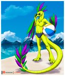 anthro ball beach beach_ball border clothed clothing eyewear fangs feathers feet forked_tongue inflatable male mountain sand seaside shark_tooth_necklace sky solo speedo speedo_only sunglasses swimwear tail talons teeth toes tongue topless water white_border fr0stbit3 itzal_eguzkia couatl feathered_scalie feathered_snake reptile scalie snake absurd_res hi_res