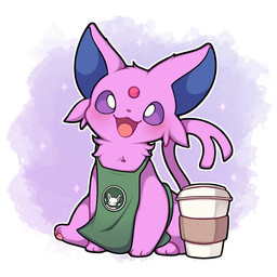 3_toes :3 :d ambiguous_gender apron beverage blue_background blue_inner_ear blush border cheek_tuft clothed clothed_feral clothing coffee coffee_cup container cup facial_tuft feet feral forehead_gem forked_tail front_view fur gem green_apron green_clothing looking_at_viewer monotone_body monotone_fur monotone_tail neck_tuft no_sclera open_:3 open_mouth open_smile pawpads pink_body pink_ears pink_fur pink_nose pink_pawpads pink_tail pupils purple_eyes quadruped simple_background sitting smile solo sparkles tail three-quarter_view toes tongue tuft unusual_anatomy unusual_tail white_border white_pupils seviyummy nintendo pokemon eeveelution espeon felid feline generation_2_pokemon mammal pokemon_(species) 1:1 2023 absurd_res colored digital_media_(artwork) full-length_portrait hi_res portrait