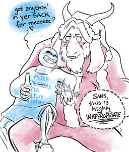 anthro beard blush bone christmas_clothing christmas_headwear clothing costume drunk duo facial_hair fur hat headgear headwear holidays horn long_ears male male/male mature_anthro mature_male santa_costume santa_hat simple_background skeleton substance_intoxication text white_background white_body white_fur sansybones christmas undertale undertale_(series) asgore_dreemurr sans_(undertale) santa_claus animated_skeleton boss_monster_(undertale) bovid caprine mammal undead english_text