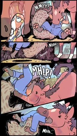 anthro beady_eyes biped black_eyes black_hair bodily_fluids brown_body brown_fur clothing drooling duo feral fur grey_body grey_fur hair hay head_in_mouth inside_throat internal male oral_vore orange_body orange_fur overalls overalls_only pawpads peril pink_pawpads quadruped saliva vore white_body white_fur colbycat ash_(ashtailfox) canid canine equid equine fox horse mammal absurd_res comic hi_res