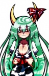 accessory animal_print big_breasts bow_ribbon breasts cleavage clothed clothing cow_print crossed_arms dress female furgonomics green_hair hair horn horn_accessory horn_bow horn_ribbon long_hair looking_at_viewer not_furry red_eyes ribbons simple_background smile solo white_background wide_hips ichi_(ichikai) ichikai touhou ex-keine keine_kamishirasawa keine_kamishirasawa_(hakutaku) horned_humanoid humanoid