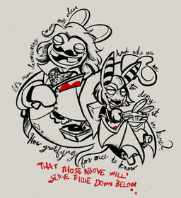 anthro black_facial_hair black_mustache black_stripes blood blood_on_weapon bodily_fluids buckteeth button_(fastener) clothed clothed_anthro clothed_male clothing cosplay cravat cursive dialogue dress duo eyelashes facial_hair fangs female female_anthro food gramophone grey_background grey_clothing grey_suit grey_tongue grey_wings hand_pawpads holding_food holding_object holding_pie holding_razor holding_tool larger_anthro larger_male lipstick long_ears looking_at_another looking_back looking_back_at_another makeup male male/female medium_hair membrane_(anatomy) membranous_wings mitten_hands mustache noseless open_mouth open_smile overweight overweight_anthro overweight_male pastry pawpads pie pie_(food) pockets razor red_eyes simple_background singing size_difference smaller_anthro smaller_female smile striped_inner_ear stripes suit tail teeth text tongue tools topwear translucent translucent_body vest weapon wings altermentality mario_bros mario_plus_rabbids_kingdom_battle nintendo raving_rabbids rayman_(series) sweeney_todd_(play) ubisoft dahlia_(hostess-of-horror) mrs_lovett phantom_of_the_bwahpera sweeney_todd bat ghost hybrid lagomorph mammal rabbid spirit 2024 colored crossover digital_drawing_(artwork) digital_media_(artwork) english_description english_text hi_res shaded simple_shading