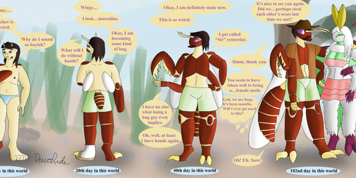 4_arms anthro arthropod_abdomen black_hair blue_eyes clothed clothing duo female ftm_transformation fur gender_transformation hair male mantis_arms mantis_blades multi_arm multi_limb purple_eyes red_body skimpy slow_transformation transformation transformation_sequence transformation_through_magic white_body white_fur wings dewodude arthropod human insect lepidopteran luna_moth mammal mantidfly moth neuropteran saturniid absurd_res hi_res