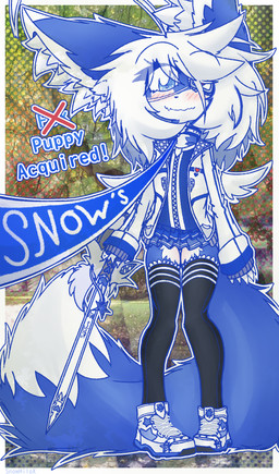 ahoge anthro blue_body blue_bottomwear blue_clothing blue_eyes blue_fur blue_skirt blush bottomwear clothed clothing collar crossdressing eye_patch eyewear femboy fluffy fluffy_ears fluffy_tail footwear fur hair jacket kemono leash leash_pull leashed_collar leashed_male legwear male melee_weapon miniskirt multicolored_body multicolored_fur photo_background shoes skirt solo surprised sword tail text thigh_highs topwear weapon white_body white_clothing white_footwear white_fur white_hair white_jacket white_shoes white_topwear wings snowhilox snowtwo canid canine fox mammal hi_res photography_(artwork)