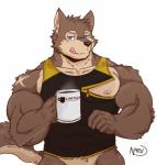 anthro beverage biceps blue_eyes bottomless clothed clothing coffee fur kemono male muscular muscular_anthro muscular_male naughty_face nipple_zipper nipples shirt simple_background solo tank_top top_tank_meme topwear white_background naruever meme_clothing canid canine canis domestic_dog mammal 2017 meme