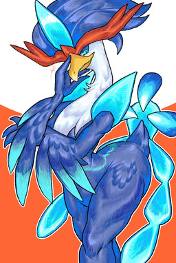 ambiguous_gender anthro beak biped blue_body blue_eyes blue_feathers feathers front_view kemono pseudo_hair solo standing tail tail_feathers thick_thighs wide_hips whiskycoke_608 nintendo pokemon avian generation_9_pokemon pokemon_(species) quaquaval hi_res