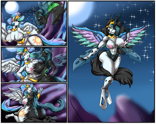 1_horn 4_wings angry anthro anus big_breasts black_body black_chitin black_exoskeleton black_fur black_hair blue_hair blue_highlights bodily_fluids border breast_squish breasts butt claws cleavage clothed clothing crooked_horn crown cutie_mark digitigrade duo evil_grin exoskeleton eyelashes fangs feathered_wings feathers female female/female fight fighting_pose finger_claws fingers flying forced forced_transformation frown full_moon fur fusion genitals gold_armband green_eyes hair hair_over_eye headgear highlights_(coloring) holes_in_body holes_on_wings horn insect_wings kneeling leg_markings long_hair looking_at_viewer markings merge_transformation merging moon mountain multi_wing multicolored_hair navel night nipples nude nude_anthro nude_female open_frown open_mouth pink_nipples pose purple_eyes purple_sclera rainbow_hair sharp_teeth shirt shocked skimpy sky smile sparkles sparkling_wings squish star starry_sky surprised tail tears teeth thick_thighs thigh_markings topwear torn_clothing transformation transformation_sequence tunic vulva white_body white_border white_exoskeleton white_feathers white_fur wings toki_cat friendship_is_magic hasbro my_little_pony mythology princess_celestia_(mlp) queen_chrysalis_(mlp) arthropod changeling_(mlp) equid equine hybrid insect mammal mythological_creature mythological_equine winged_unicorn comic english_description hi_res story story_in_description