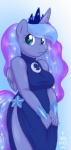 anthro anthrofied blue_body blue_feathers clothing dress feathered_wings feathers female horn slightly_chubby solo tail wings onnanoko friendship_is_magic hasbro my_little_pony mythology princess_luna_(mlp) equid equine mammal mythological_creature mythological_equine winged_unicorn digital_media_(artwork) shaded