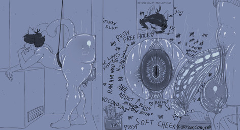 anthro anus balls bending bent_over big_anus big_balls body_hair bottomwear bottomwear_down butt clothed clothing confined container directional_arrow donation duo femboy freckled_butt freckled_face freckles gaping gaping_anus genitals glistening glistening_balls glistening_body glistening_butt glistening_genitalia glistening_penis glory_hole graffiti graffiti_on_wall hairy hairy_balls heart_symbol huge_anus huge_balls hyper hyper_anus hyper_balls hyper_genitalia insult jar leaning leaning_forward loose_anus loose_orifice male male/male money musk musky_balls musky_butt musky_penis nude pants pants_down partially_clothed penis photo presenting presenting_anus presenting_hindquarters puffy_anus punishment saggy_balls scrotum_flap stuck suspension tally_marks teeth text tip_jar tissue tissue_box tongue tongue_out toothy_grin undressing vascular_penis vein veiny_penis western_tally_marks wrinkled_balls wrinkly_balls kittykuscell domestic_cat felid feline felis mammal english_text hi_res sketch