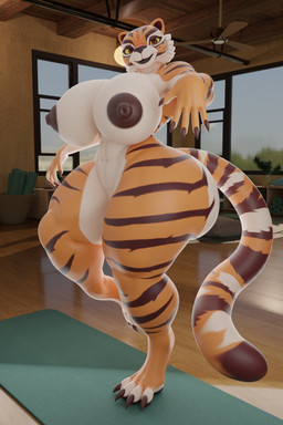 anthro big_breasts big_butt black_nipples black_stripes breasts butt claws female fur huge_breasts huge_butt lips looking_at_viewer multicolored_body multicolored_fur nipples nude nude_anthro nude_female orange_body orange_fur solo striped_body striped_fur stripes tail thick_bottom_lip thick_thighs toe_claws white_body white_fur wide_hips yellow_sclera yoga yoga_mat raguda raguda_(modeler) dreamworks kung_fu_panda master_tigress felid mammal pantherine tiger 2026 2:3 3d_(artwork) digital_media_(artwork) hi_res