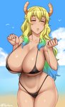 beach big_breasts bikini breasts cleavage clothed clothing eyes_closed female horn not_furry seaside solo swimwear thick_thighs two-piece_swimsuit wide_hips twrlare miss_kobayashi's_dragon_maid quetzalcoatl_(dragon_maid) horned_humanoid humanoid