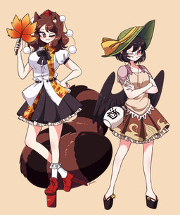 alternate_costume alternate_species black_bottomwear black_clothing black_hair black_skirt blush bottle bottomwear breasts brown_bottomwear brown_clothing brown_eyes brown_hair brown_skirt clothed clothing clothing_swap container crossed_arms duo eyewear feathered_wings feathers female footwear frilly frilly_bottomwear frilly_clothing frilly_skirt glasses hair hand_on_hip hand_on_own_hip hat headgear headwear markings okobo on_one_leg one_eye_closed platform_footwear platform_sandals puffy_sleeves red_clothing red_hat red_headwear ring_(marking) ringed_tail sandals shirt shoes short_hair short_sleeves simple_background skirt standing striped_markings striped_tail stripes tail tail_markings tengu_geta tokin_hat topwear wearing_glasses white_clothing white_shirt white_topwear wings cookietanukiart asian_mythology east_asian_mythology japanese_mythology mythology touhou aya_shameimaru mamizou_futatsuiwa animal_humanoid avian avian_humanoid bird bird_humanoid canid canid_humanoid canine canine_humanoid corvid corvid_humanoid corvus_(genus) corvus_humanoid crow_humanoid humanoid mammal mammal_humanoid oscine passerine tanuki_humanoid tengu yokai absurd_res hi_res signature