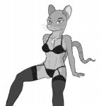 anthro arm_support bedroom_eyes biped bra breasts cheese clothed clothing dairy_products exposure_variation female food fur garter_belt garter_straps grey_body grey_fur half-closed_eyes jewelry legwear lingerie looking_at_viewer narrowed_eyes navel necklace panties seductive sitting smile solo stockings underwear whiskers tggeko bojack_horseman netflix mia_mckibben mammal mouse murid murine rodent 2015 greyscale monochrome