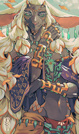 anthro claws clothed clothed_anthro clothed_male clothing dark_body ear_piercing hair half-closed_eyes horn jewelry leaf long_hair looking_at_viewer male midriff multi_eye narrowed_eyes navel piercing solo standing white_hair kroovv nintendo tears_of_the_kingdom the_legend_of_zelda rauru_(tears_of_the_kingdom) zonai 2023 half-length_portrait hi_res portrait