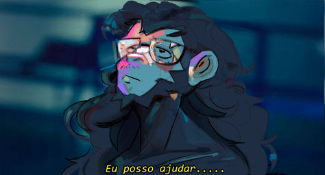anthro beard duo eyewear facial_hair female glasses hair long_ears long_hair male male/female movie_reference mustache sad text wearing_glasses jdoe_p blade_runner_2049 fan_character ape chimpanzee haplorhine mammal monkey pan_(genus) primate hi_res translation_check translation_request