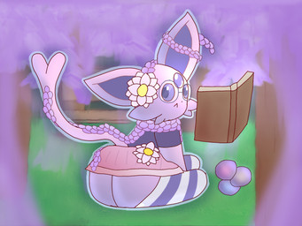 ambiguous_gender big_butt blurred_background book bottomwear butt clothed clothed_feral clothing eyewear feral flower flower_on_head footwear glasses huge_butt legwear plant shirt skirt socks solo thigh_highs topwear wisteria_(flower) nanabsylve nintendo pokemon eeveelution espeon generation_2_pokemon pokemon_(species) 4:3 hi_res