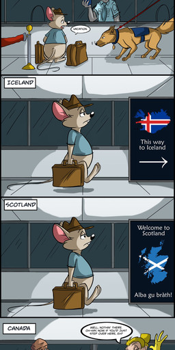 accent airport airport_security anthro australia australian blonde_hair blue_clothing blue_shirt blue_topwear bodily_fluids canada canadian canadian_flag cavity_search clothing collar dialogue female floating_eyebrows glove_snap gloves group hair handwear hat headgear headwear iceland icelandic_flag latex latex_clothing latex_gloves latex_handwear leash male passport scotland scotland_flag security shirt speech_bubble suitcase sweat sweatdrop text topwear traveling yellow_clothing yellow_gloves yellow_handwear dutch_(artist) human koala mammal marsupial mouse murid murine rodent vombatiform 2022 absurd_res comic english_text hi_res