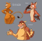 after_transformation anthro big_butt butt embarrassed female group huge_butt hyper hyper_butt male surprised_expression text transformation trio badroy activision crash_bandicoot_(series) disney el_arca zootopia dingodile kairel nick_wilde canid canine canis crocodile crocodilian dingo felid fox hybrid lion mammal pantherine red_fox reptile scalie true_fox absurd_res english_text hi_res