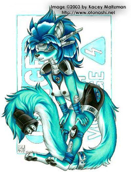 alternative_fashion anthro blue_body blue_fur blue_hair breasts clothed clothing cyberpop electronics feet female fur hair hindpaw j-fashion looking_at_viewer nipples paws science_fiction skimpy solo tail technology unusual_anatomy unusual_tail usb usb_tail kacey current domestic_cat felid feline felis mammal 2003 teal_theme