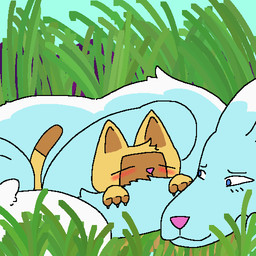 ambiguous_gender anthro blue_body blue_fur blush cuddling duo feral fur grass hand_on_arm long_tail looking_at_another outside pink_nose plant sky sleeping tail tan_body tan_fur white_body white_fur yellow_body yellow_fur theenyface capcom monster_hunter mythology butters_(theenyface) softie_(filip) domestic_cat dragon felid feline felis felyne lynian mammal mythological_creature mythological_scalie palico scalie 1:1 aliasing digital_drawing_(artwork) digital_media_(artwork) flat_colors