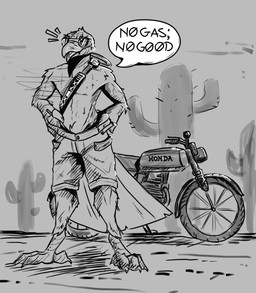 anthro barefoot beak bodily_fluids bottomwear cactus clothing desert dialogue eyewear feathers feet male motorcycle outside plant sand shorts sky solo speech_bubble sunglasses sweat sweatdrop tail tail_feathers text vehicle wearing_sunglasses mawkvlt honda izaan_raysmith_(mawkvlt) avian bird corvid corvus_(genus) crow oscine passerine hi_res monochrome