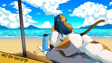 anthro anus backsack balls beach bottle butt cloud container faceless_character faceless_male fur genitals hair male mountain muscular muscular_anthro muscular_male nude sea solo tail towel umbrella water swiftysrose epic_games fortnite meowscles purradise_meowscles domestic_cat felid feline felis mammal detailed hi_res shaded