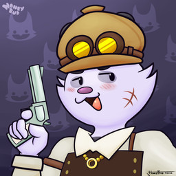 accessory anthro blush brown_clothing brown_hat brown_headwear clothing eyewear fur goggles gun hat headgear headwear holding_gun holding_object holding_ranged_weapon holding_weapon jewelry looking_aside male necklace periwinkle_fur purple_body purple_fur ranged_weapon scar solo weapon yellow_jewelry yellow_necklace honeybud pixile_studios super_animal_royale fan_character american_opossum mammal marsupial virginia_opossum absurd_res hi_res