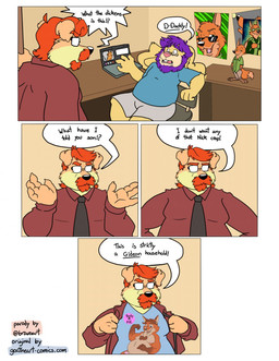 anthro barely_visible_genitalia barely_visible_penis beard belly bottomwear clothing computer dialogue duo electronics eyewear facial_hair genitals glasses humanoid_hands male mature_male mustache overweight overweight_male pants penis shirt shorts sitting text topwear bravo disney zootopia gideon_grey nick_wilde canid canine canis domestic_dog fox mammal red_fox true_fox 2019 comic english_text hi_res