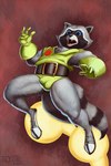 5_fingers anthro biped blue_eyes bulge detailed_bulge fangs fingers fur grey_body grey_fur male open_mouth solo tail teeth flyttic guardians_of_the_galaxy marvel rocket_raccoon mammal procyonid raccoon 2:3 hi_res