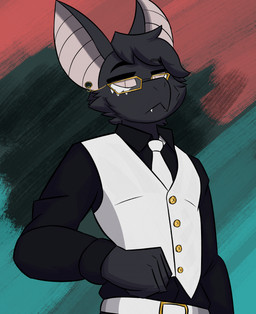 :< anthro belt big_ears black_body black_clothing black_fur black_hair black_shirt black_topwear buckle button_(fastener) cheek_tuft close-up clothing collared_shirt ear_piercing eyebrow_through_hair eyebrows eyewear facial_tuft fist fur glasses gold_buttons gold_glasses golden_buckle hair head_tuft male markings narrowed_eyes necktie piercing pink_eyes pink_inner_ear shirt simple_background snaggle_teeth snout solo standing suit topwear translucent translucent_hair tuft upper_teeth white_belt white_clothing white_markings white_necktie white_suit suitedwolfie cain_(suitedwolfie) bat mammal wingless_bat 2025 digital_drawing_(artwork) digital_media_(artwork) hi_res shaded