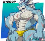 abs anthro black_sclera blue_body clothing dragon hair hi_res hydoor lifewonders live_a_hero male masterelrest muscular muscular_anthro muscular_male mythological_creature mythological_scalie mythology nipples pecs scalie scar solo speedo swimwear tail white_hair yellow_clothing yellow_eyes yellow_speedo yellow_swimwear