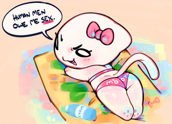 accessory anthro barefoot bikini bikini_bottom bikini_top black_text blush blush_lines bottle bow_ribbon butt chibi clothed clothed_anthro clothed_female clothing container cute_fangs dialogue empty_eyes eyebrows eyelashes fangs feet female female_anthro hair_accessory hair_bow hair_ribbon handpaw head_turned legs_together looking_at_viewer looking_back looking_back_at_viewer lying monotone_body noseless on_front open_mouth open_smile pawpads paws pink_bikini pink_bow pink_clothing pink_pawpads pink_ribbon pink_swimwear ribbons simple_background smile solo speech_bubble stylized_empty_eyes swimwear tail talking_to_viewer teeth text text_on_clothing towel two-piece_swimsuit white_body white_eyes white_speech_bubble white_tail ligma_(artist) 4chan moot domestic_cat felid feline felis mammal 2025 digital_media_(artwork) english_text handwritten_text hi_res shaded soft_shading