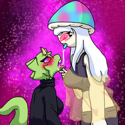 abstract_background anthro blue_tongue bodily_fluids bottomwear bra clothing drooling drooling_into_mouth drooling_on_partner female female/female fungus fur green_body green_fur hair hypnosis mind_control saliva shorts spiral spiral_eyes sports_bra sweater tail tongue topwear translucent translucent_clothing translucent_topwear turtleneck underwear white_hair magik_woman electronic_arts plants_vs._zombies popcap_games wuguuu_(magik_woman) elemental_creature elemental_humanoid fungi_fauna fungi_humanoid humanoid hypno-shroom kobold scalie 1:1