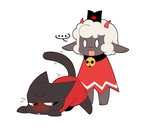 anthro bell bell_collar bodily_fluids chibi collar duo male multi_eye presenting raised_tail shocked sweat tail twitching jitto cult_of_the_lamb massive_monster_(studio) lamb_(cult_of_the_lamb) narinder bovid caprine domestic_cat felid feline felis mammal sheep hi_res